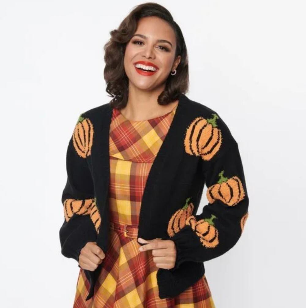 UNIQUE VINTAGE x MAGNOLIA PLACE Pumpkin Intarsia Knit Cardigan Sweater {TT49}